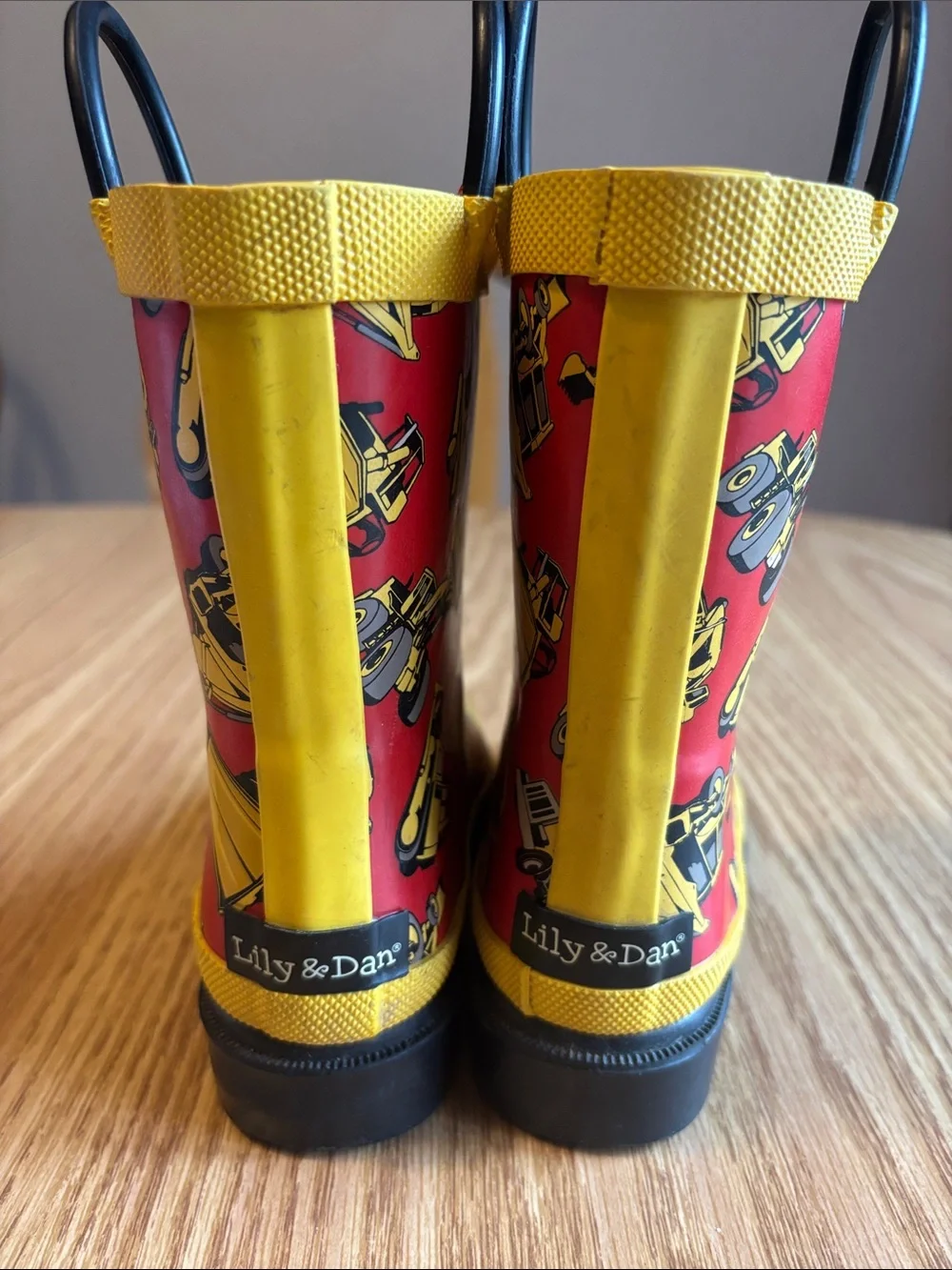 Kids Waterproof Red Construction-Print Rain Boots with Yellow Accents